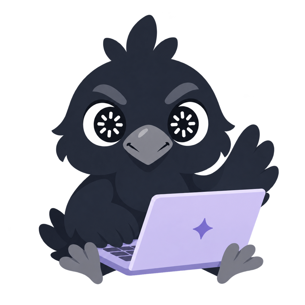 Raven waves from behind a laptop